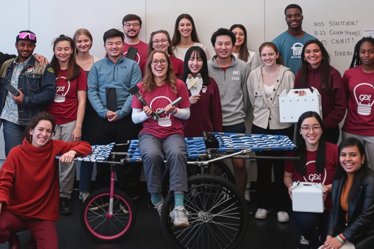 A group of MIT D-Lab students pose together in a classroom, standing and kneeling around a prototype stretcher mounted on bicycle wheels. Some students wear matching t-shirts with a lightbulb logo, and others hold small devices.